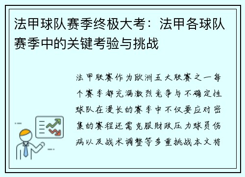 法甲球队赛季终极大考：法甲各球队赛季中的关键考验与挑战